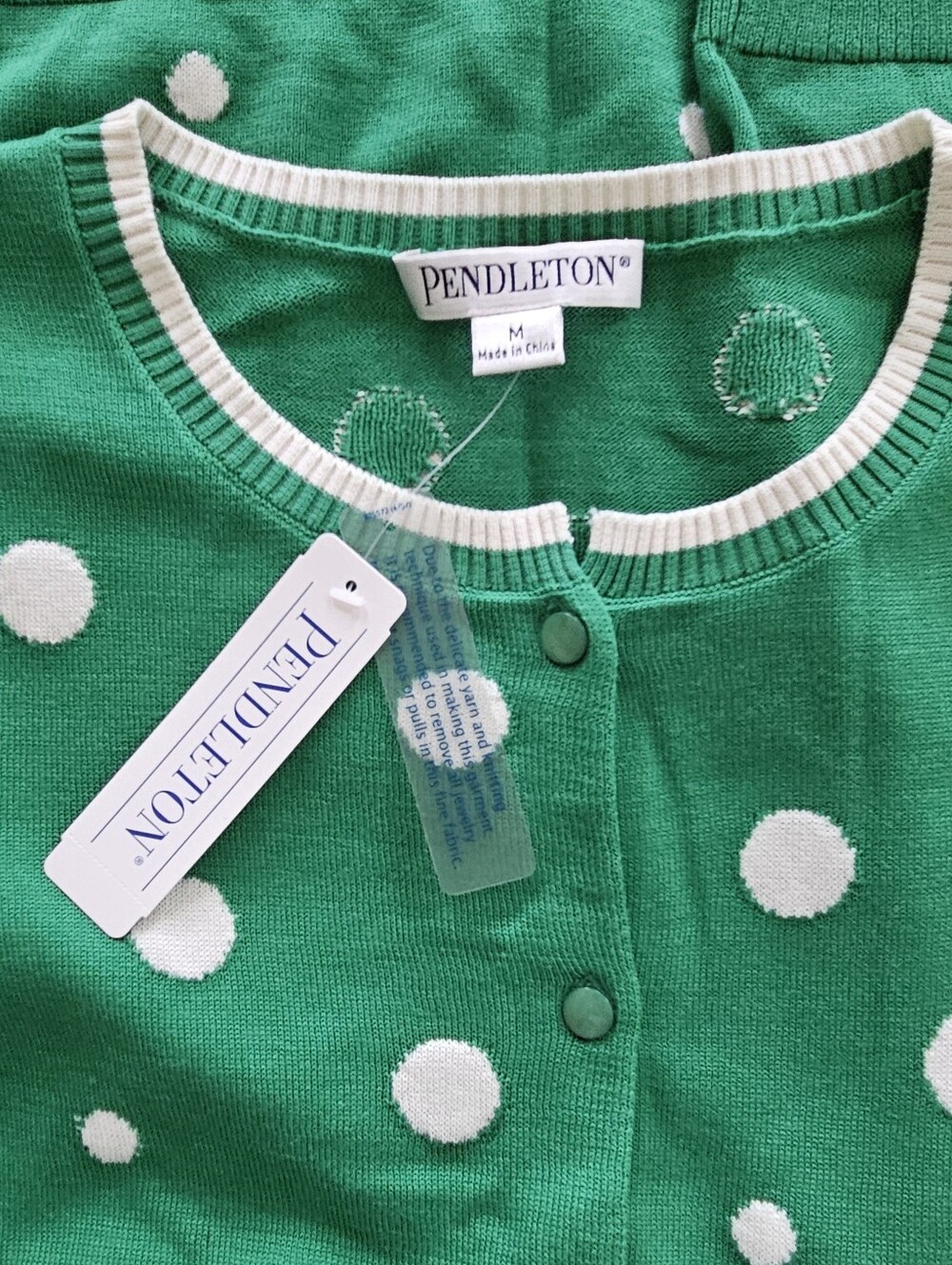 Pendleton Cardigan Sweater Green With White Polka Dots NWT! Silk & Cotton